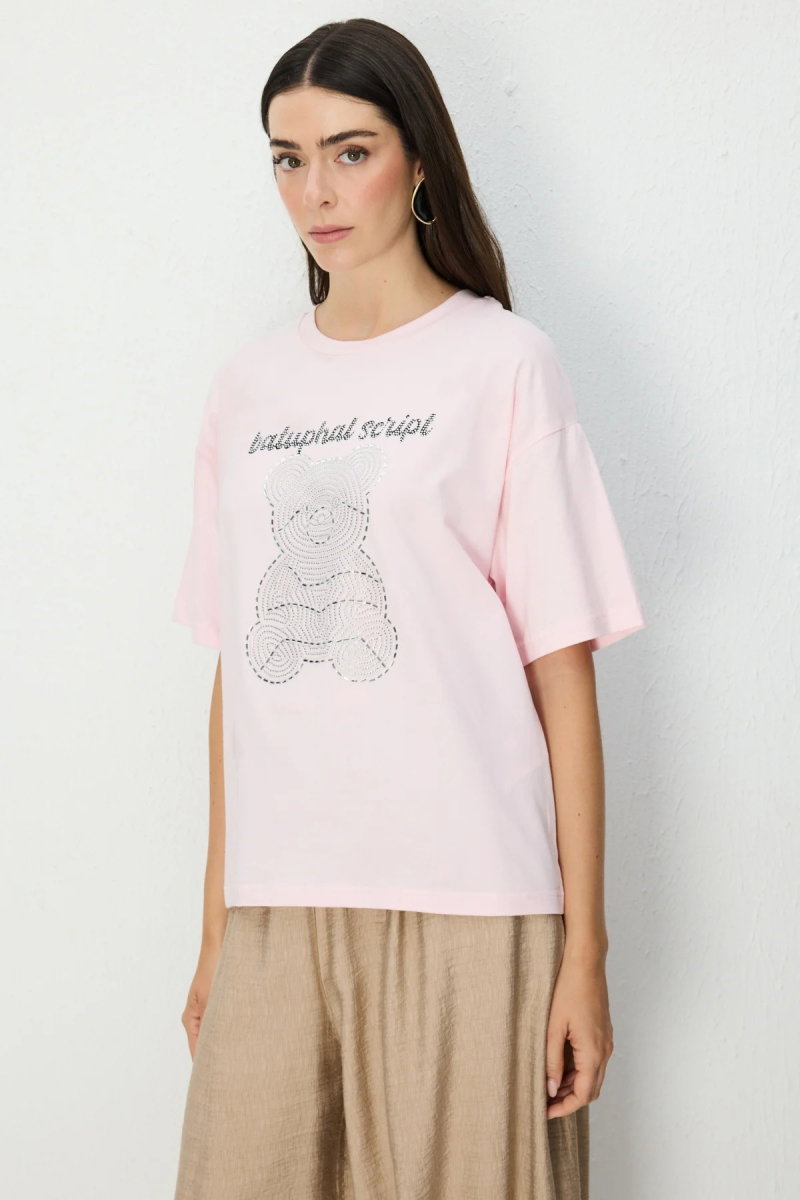 On Kadın Taşlı Ayıcık Baskılı T-Shirt 70341 Pembe - 3