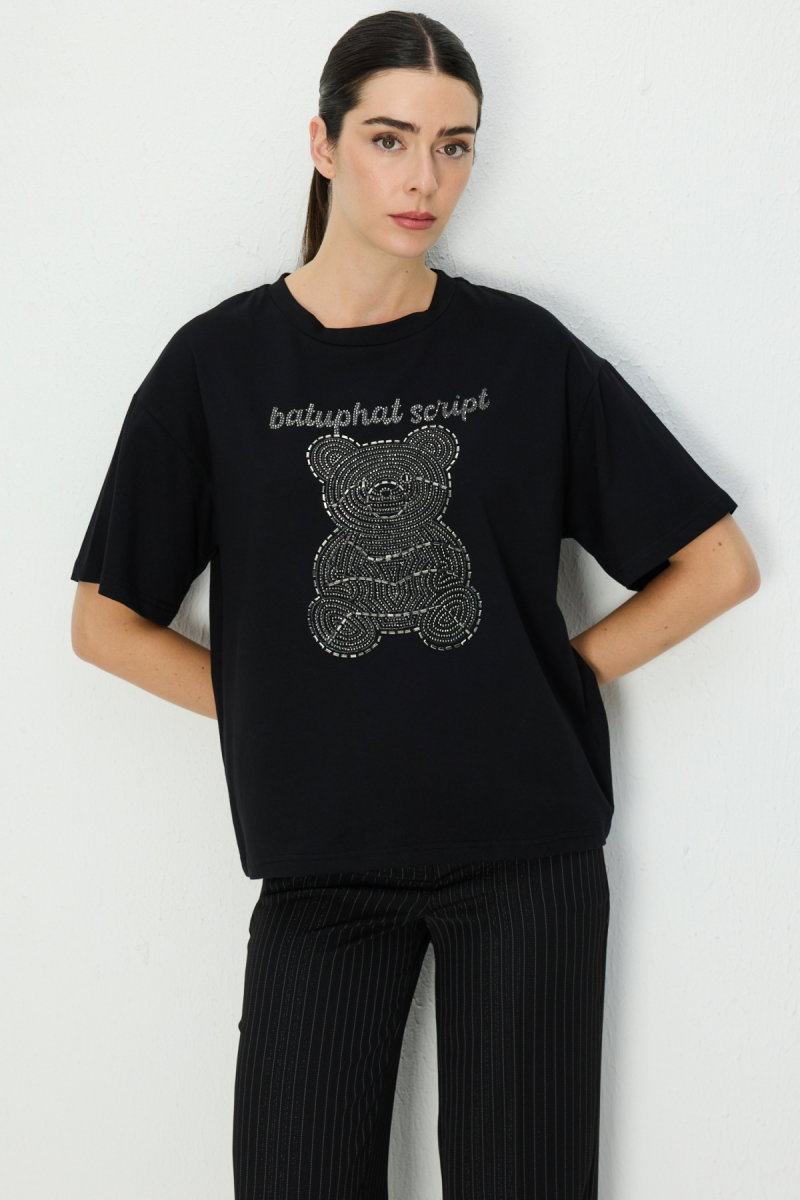On Kadın Taşlı Ayıcık Baskılı T-Shirt 70341 Siyah - 2