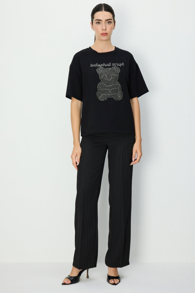 On Kadın Taşlı Ayıcık Baskılı T-Shirt 70341 Siyah - 3