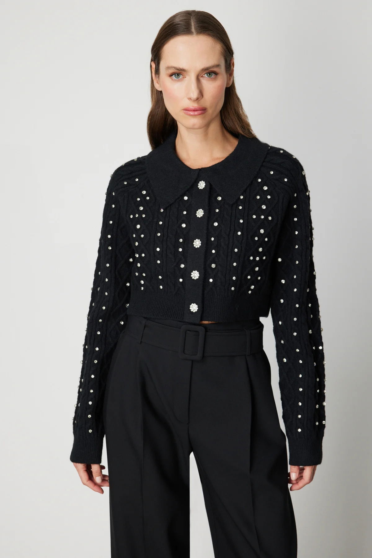 On Kadın Taşlı Crop Hırka 60911 Siyah - 1