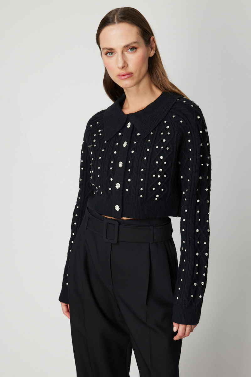 On Kadın Taşlı Crop Hırka 60911 Siyah - 2