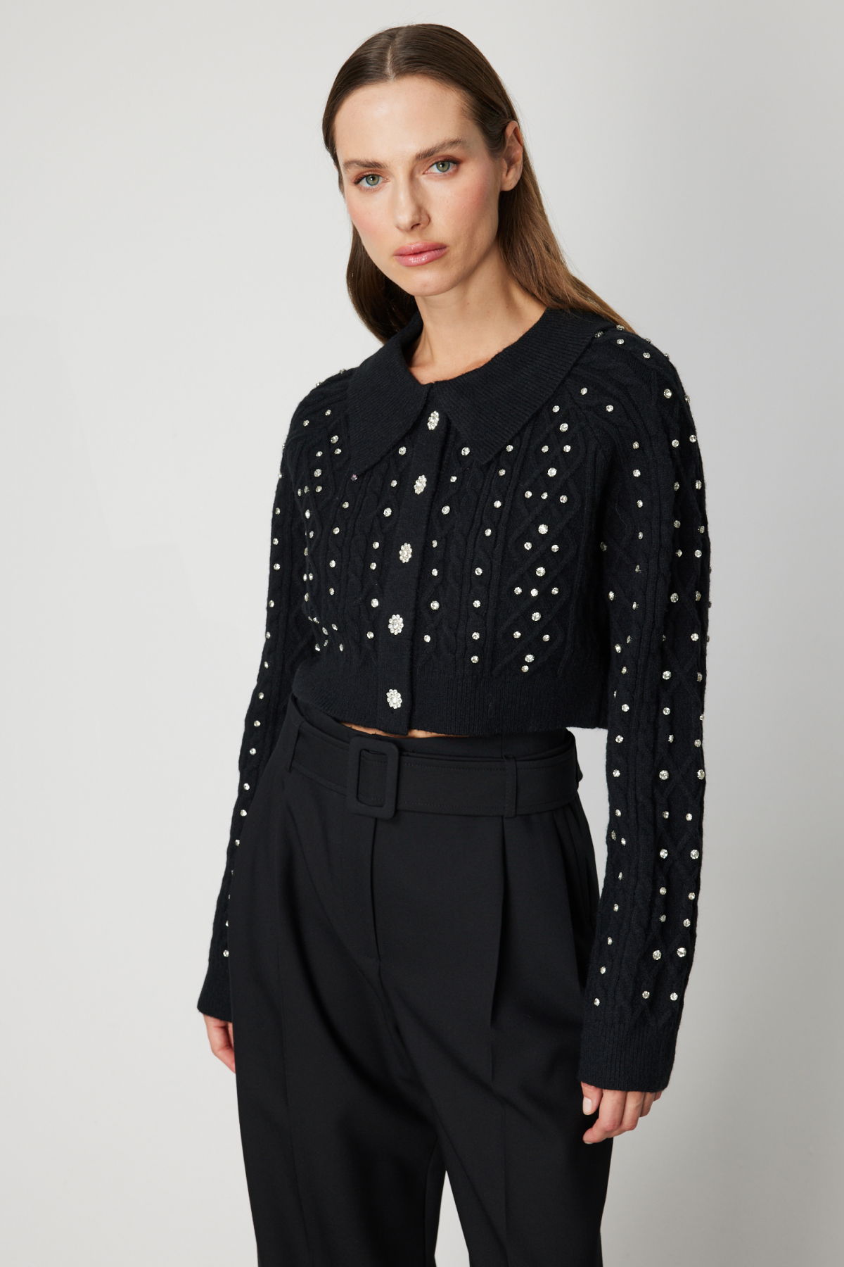 On Kadın Taşlı Crop Hırka 60911 Siyah - 2