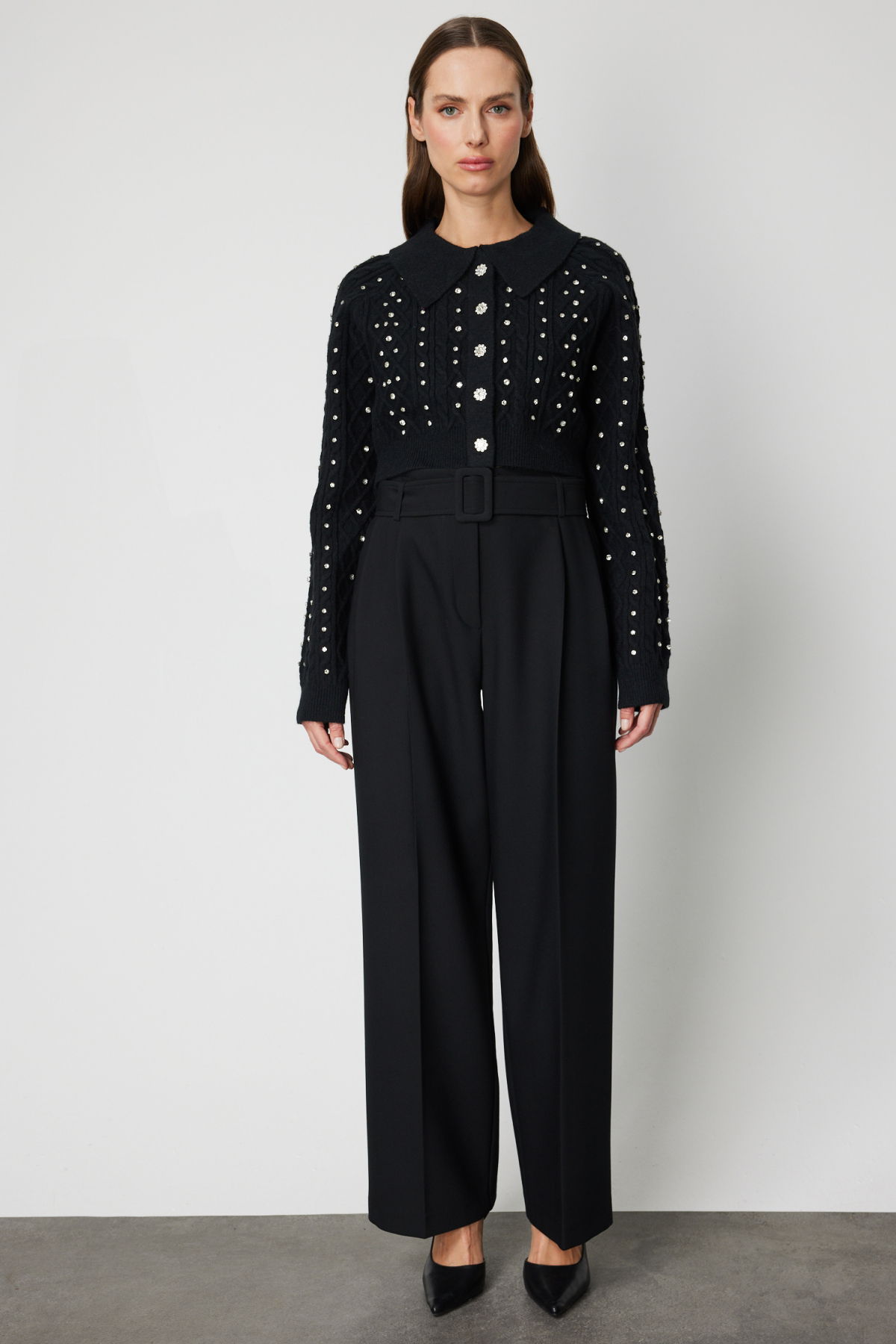 On Kadın Taşlı Crop Hırka 60911 Siyah - 3