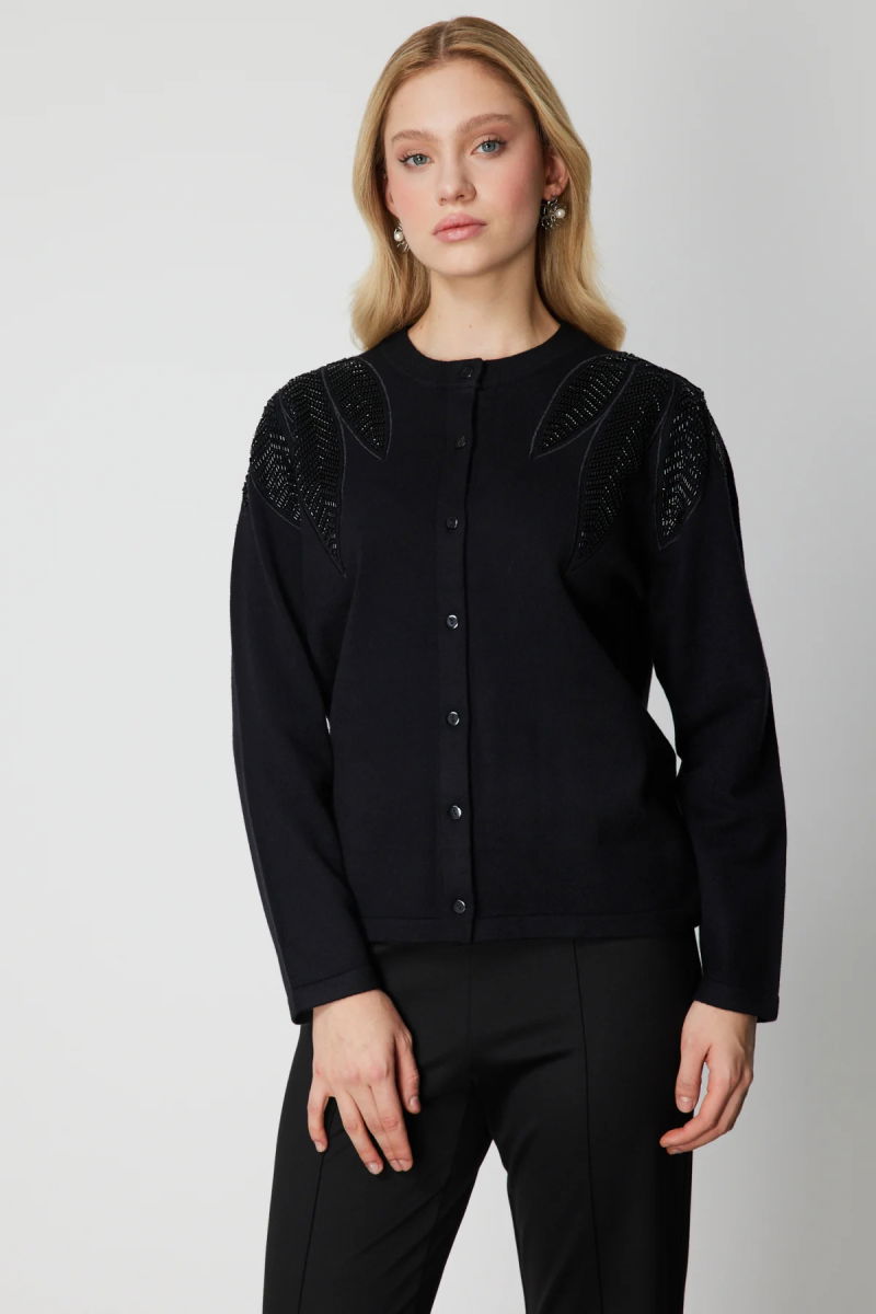 On Kadın Taşlı Desenli Triko Hırka 60908 Siyah - On