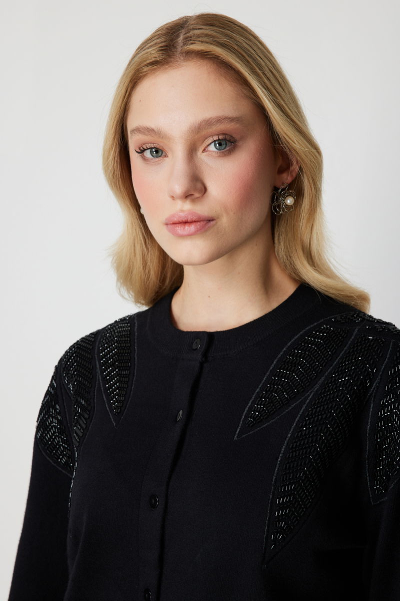 On Kadın Taşlı Desenli Triko Hırka 60908 Siyah - 2