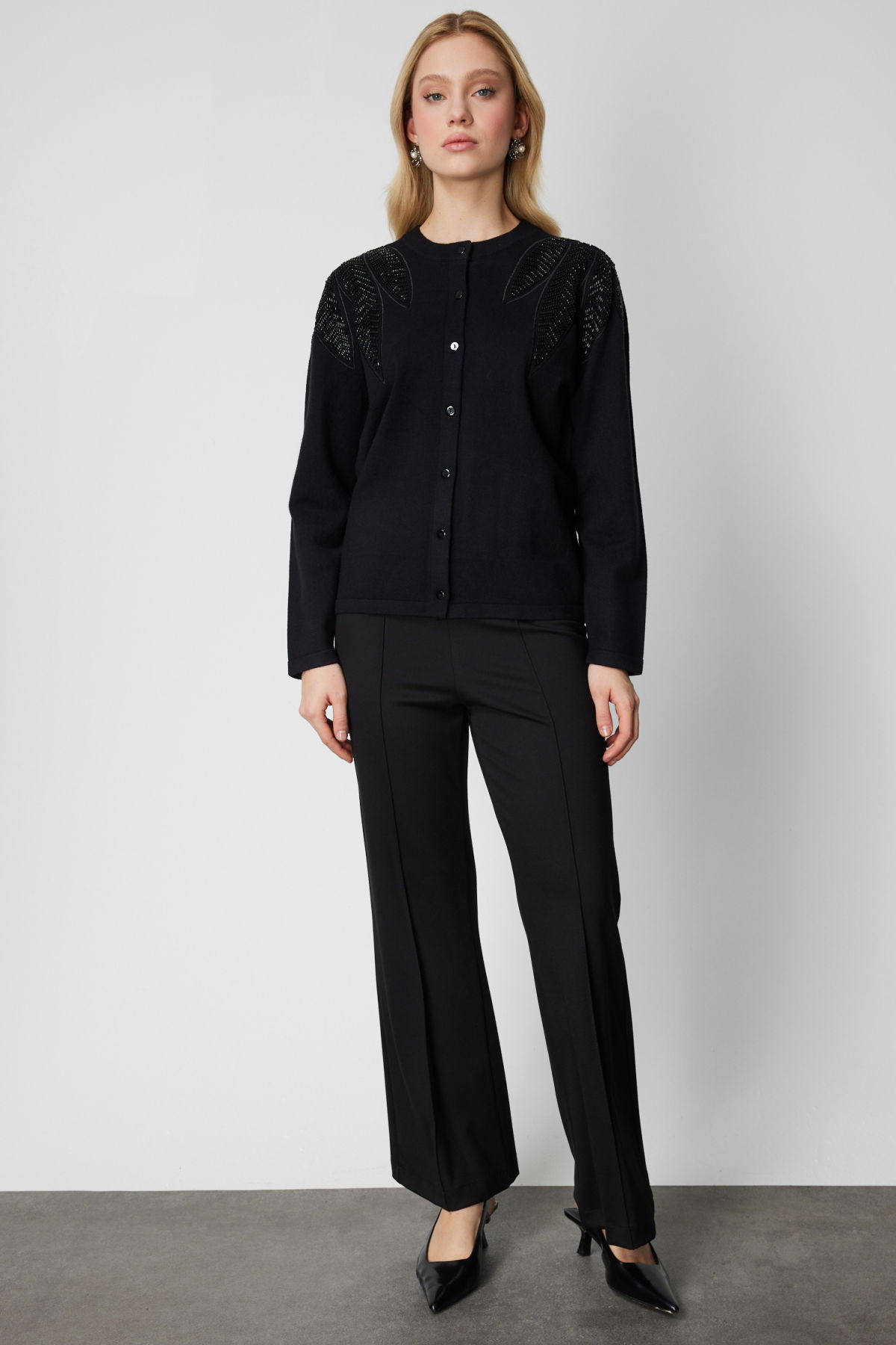 On Kadın Taşlı Desenli Triko Hırka 60908 Siyah - 3