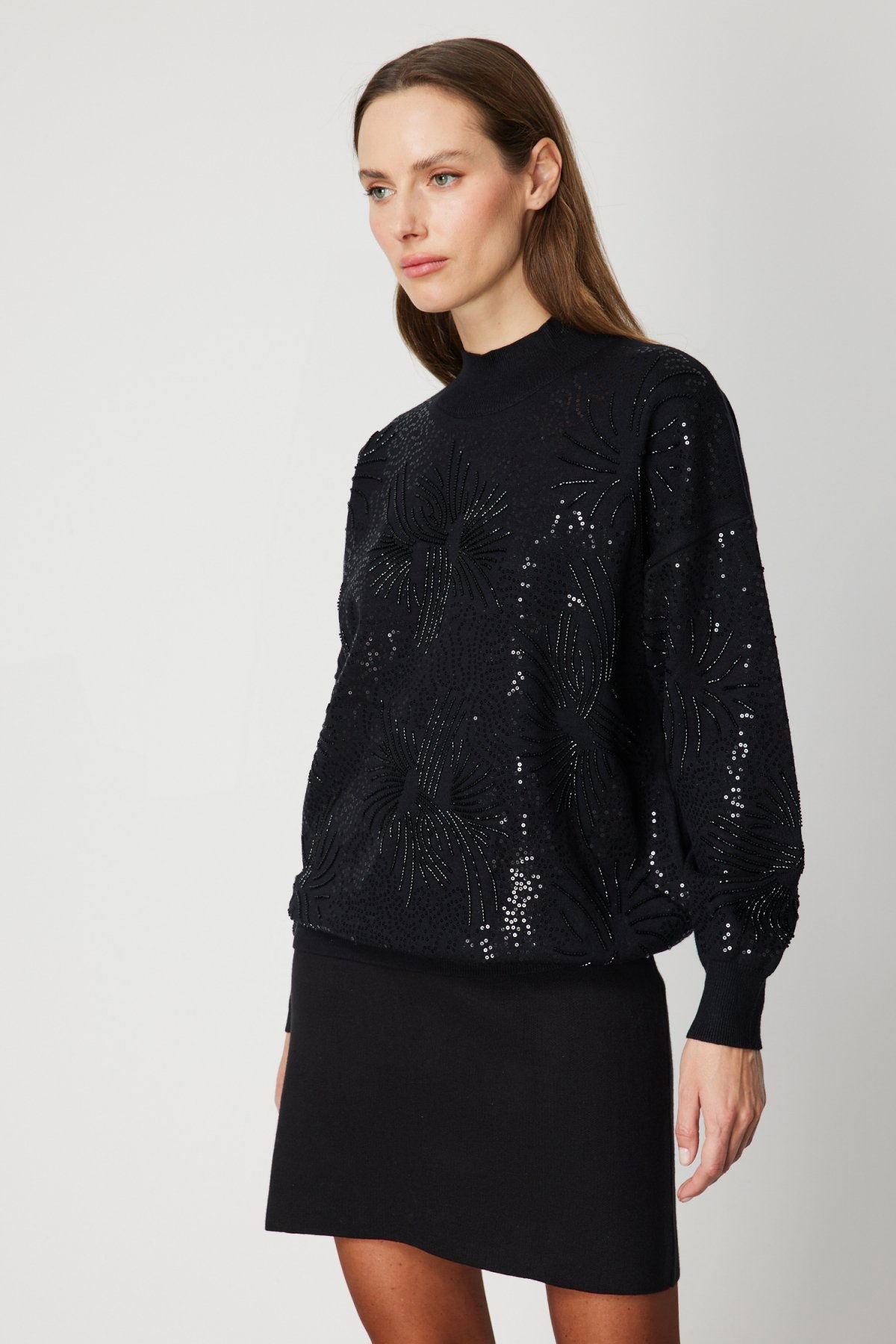 On Kadın Taşlı Dik Yaka Triko Kazak 60323 Siyah - 2