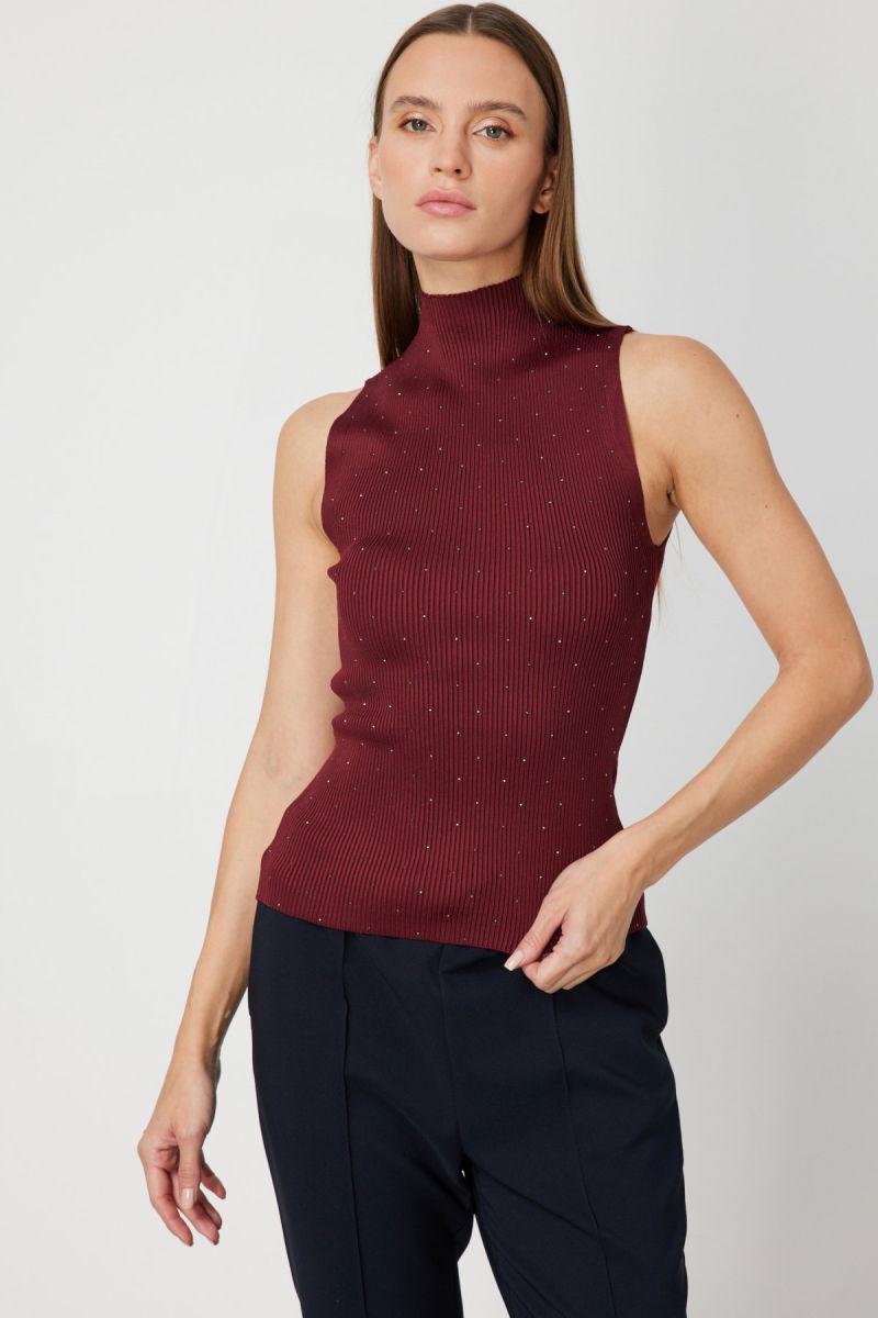 On Kadın Taşlı Kolsuz Triko Bluz 66375 Bordo - 2