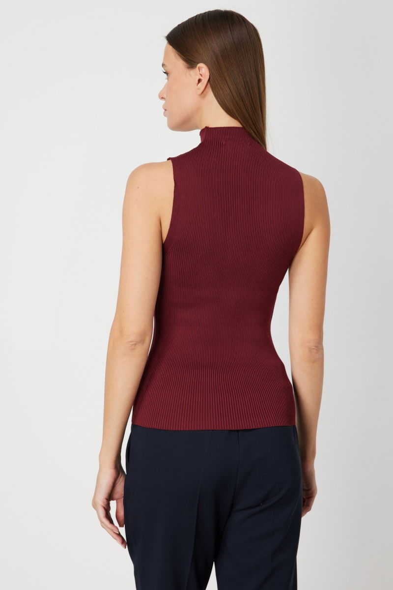 On Kadın Taşlı Kolsuz Triko Bluz 66375 Bordo - 4