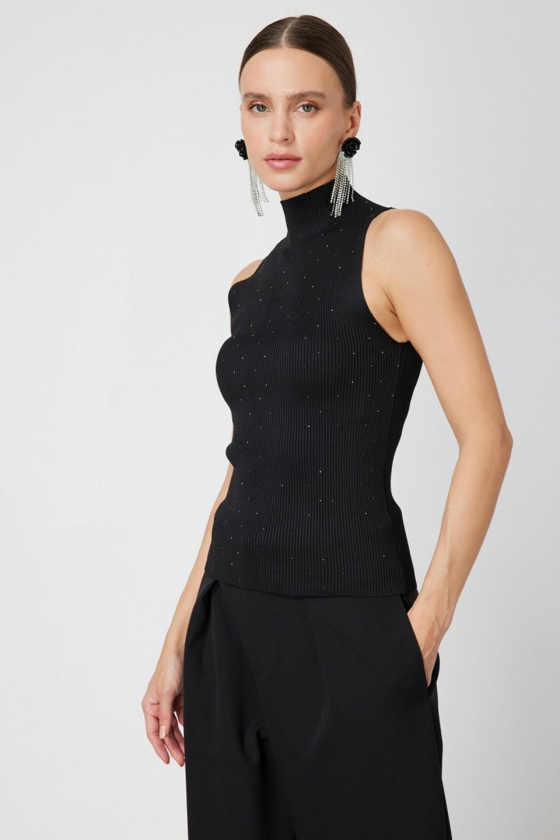 On Kadın Taşlı Kolsuz Triko Bluz 66375 Siyah - 2