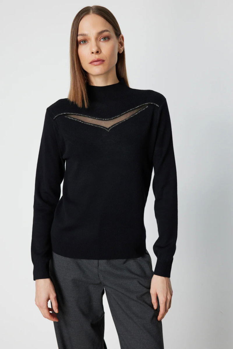 On Kadın Transparan Detaylı Triko Kazak 60483 Siyah - On