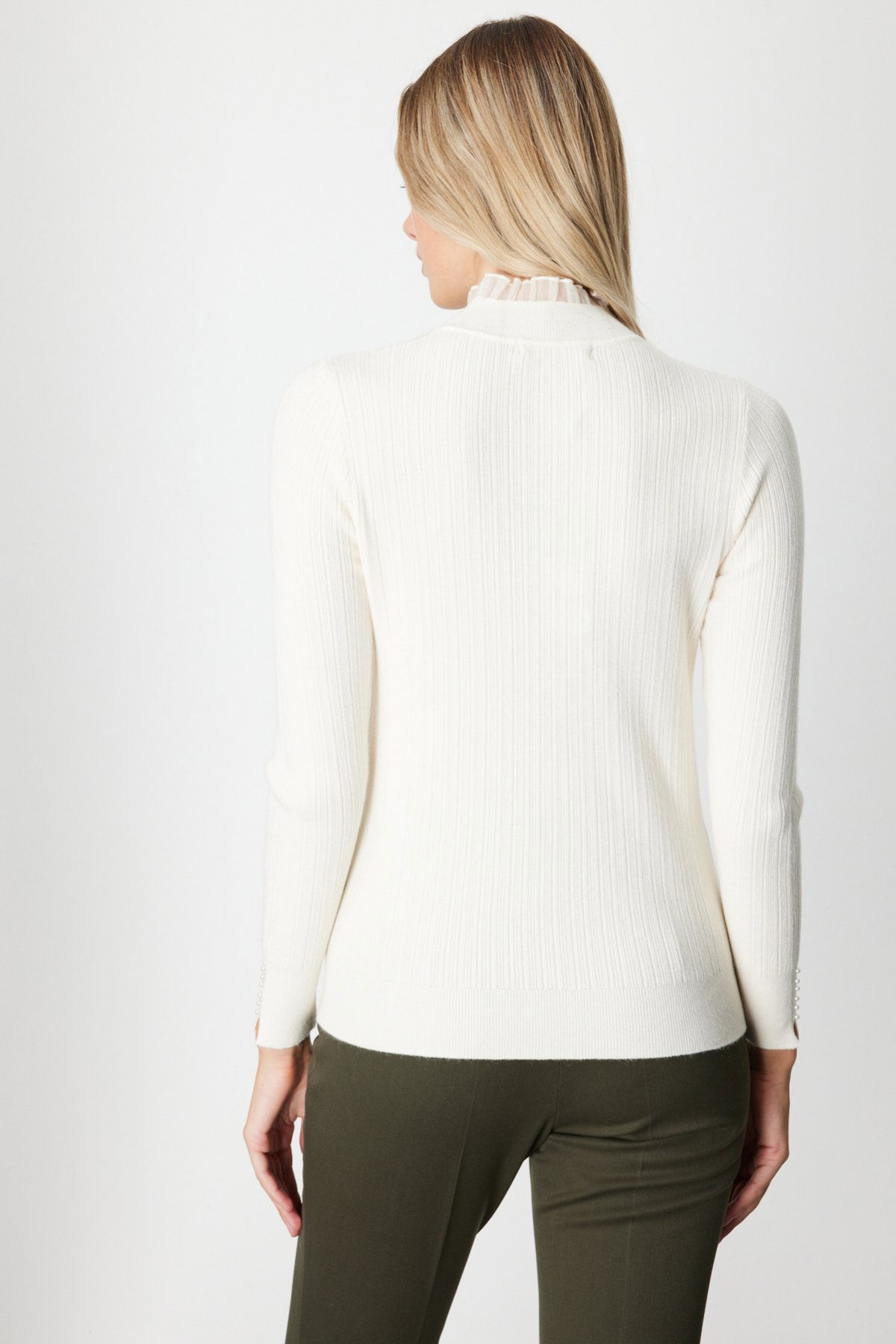 On Kadın Tül Detaylı Fitilli Triko Kazak 60341 Bej - 4