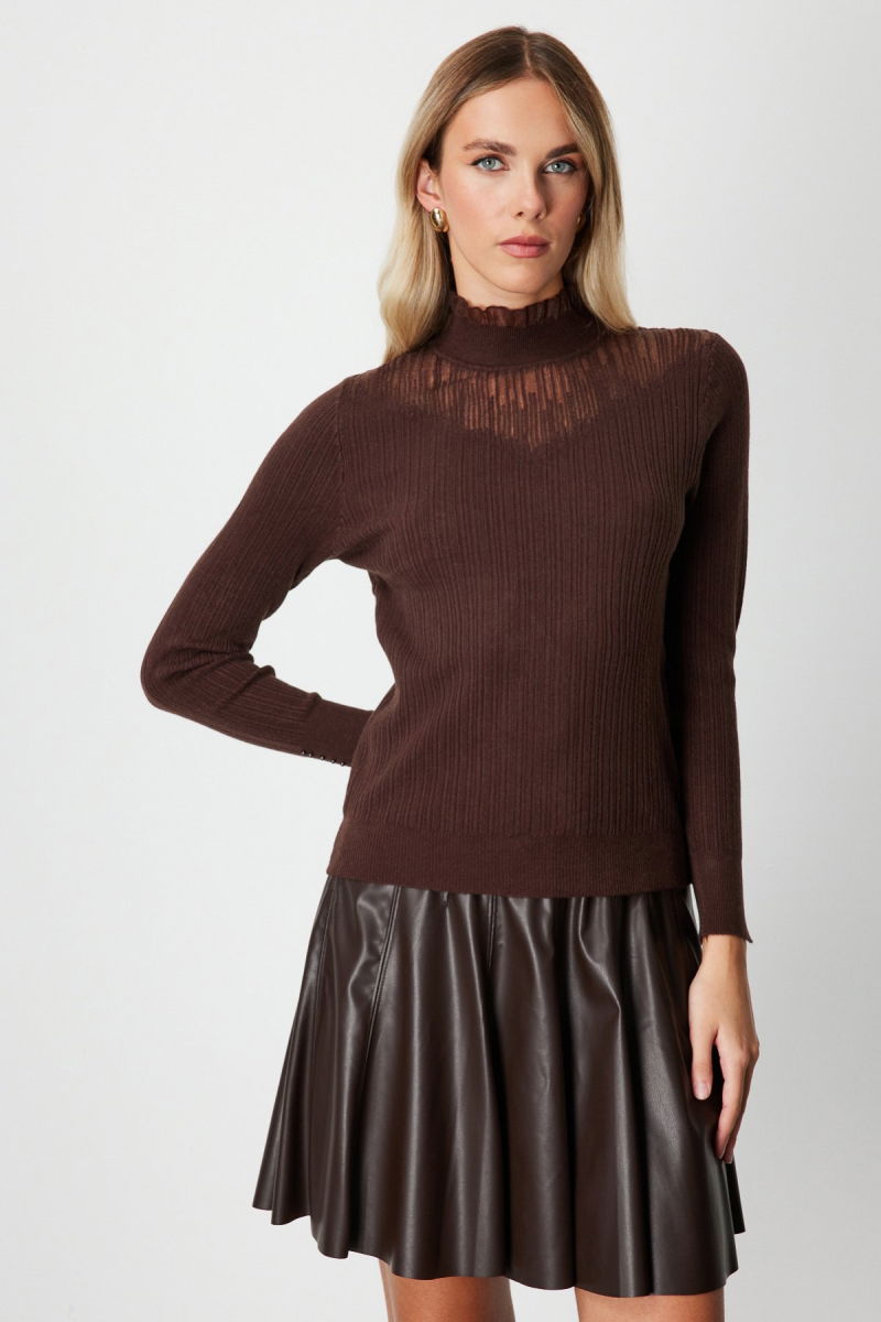 On Kadın Tül Detaylı Fitilli Triko Kazak 60341 Kahverengi - On