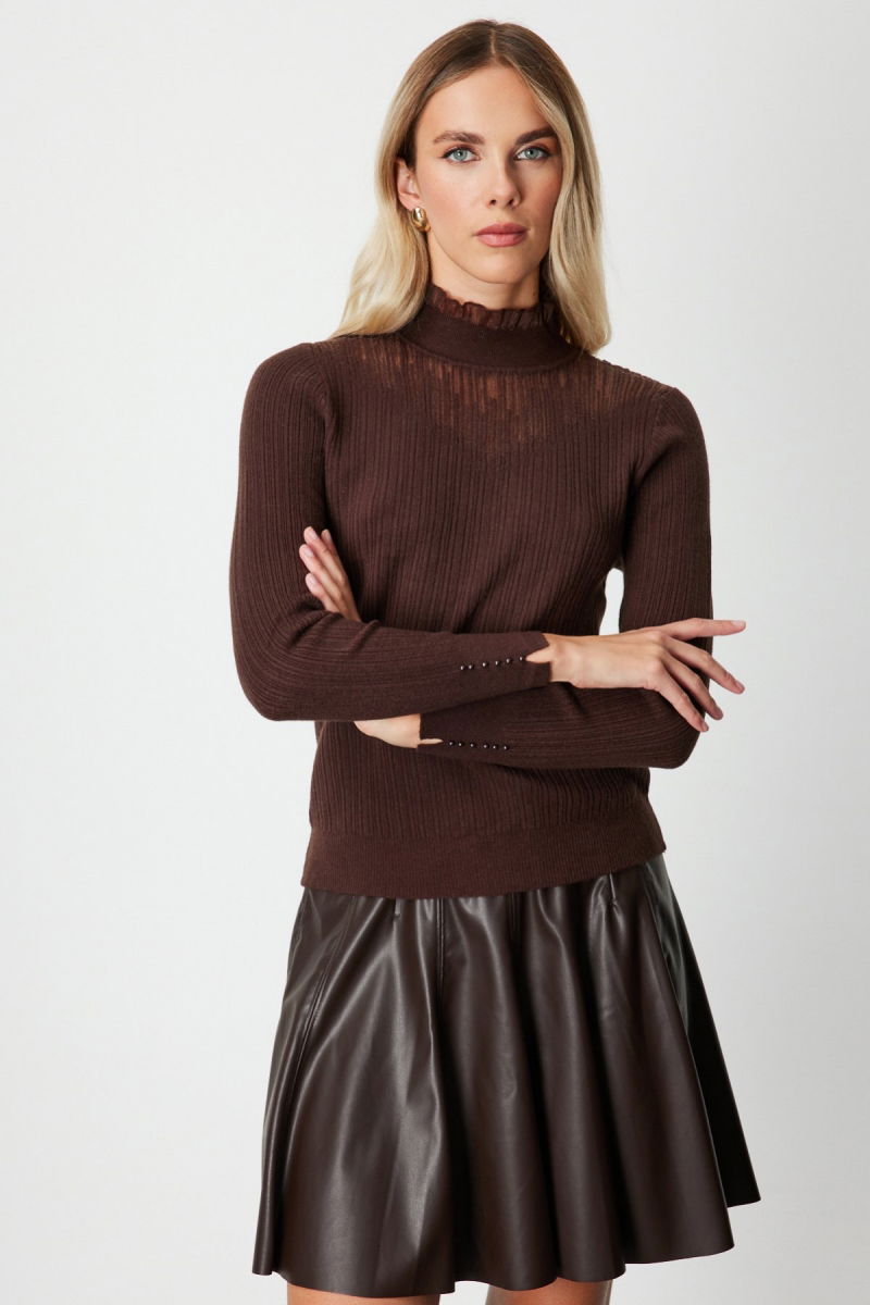 On Kadın Tül Detaylı Fitilli Triko Kazak 60341 Kahverengi - 2