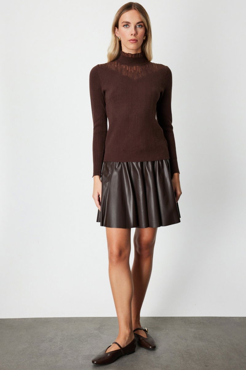 On Kadın Tül Detaylı Fitilli Triko Kazak 60341 Kahverengi - 3