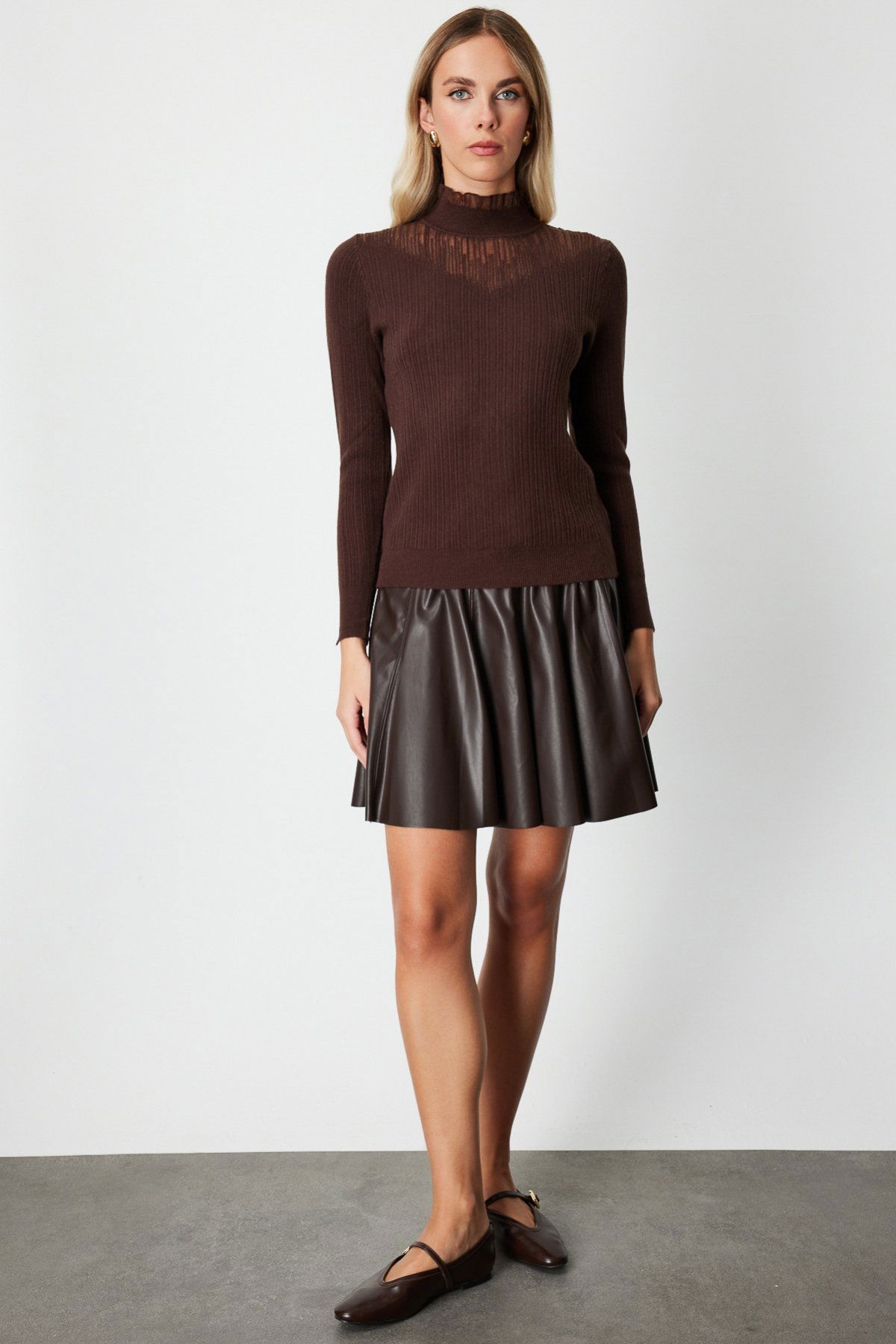 On Kadın Tül Detaylı Fitilli Triko Kazak 60341 Kahverengi - 3