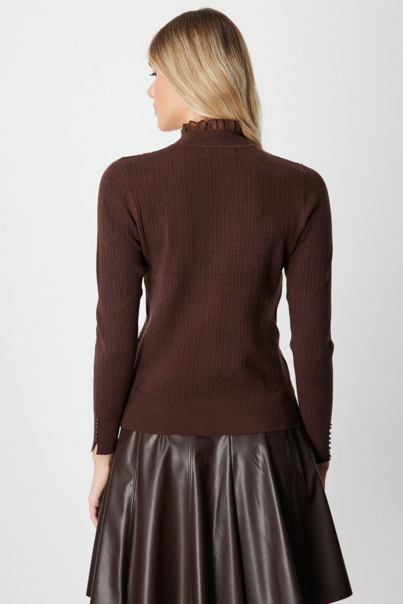 On Kadın Tül Detaylı Fitilli Triko Kazak 60341 Kahverengi - 4