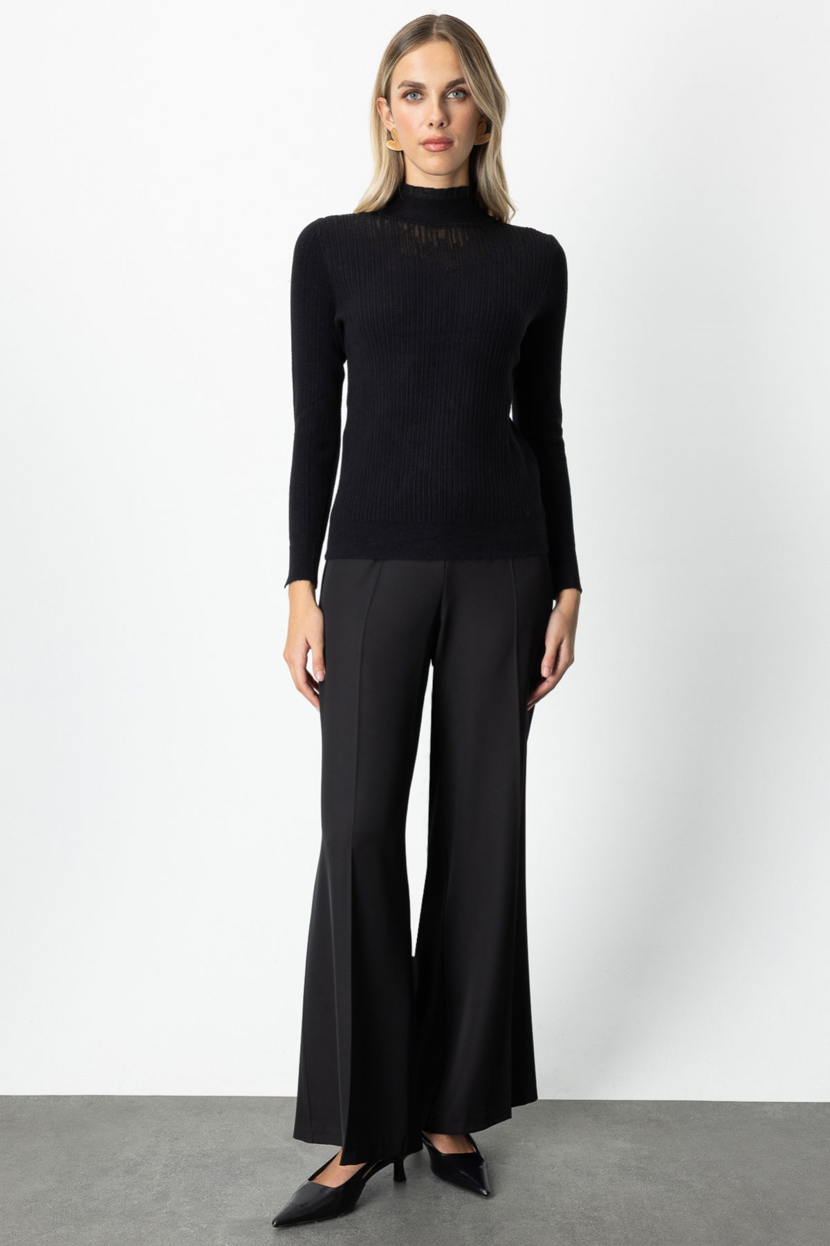 On Kadın Tül Detaylı Fitilli Triko Kazak 60341 Siyah - 3