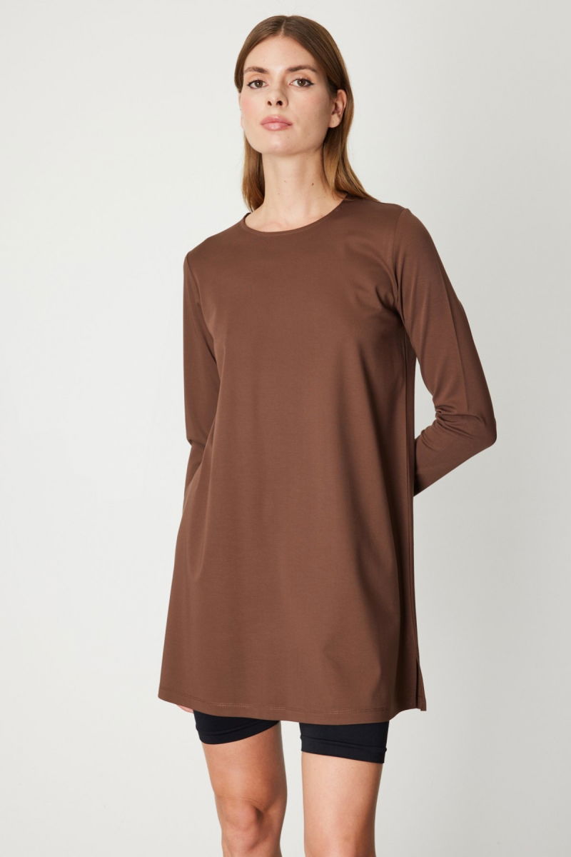 On Kadın Uzun Kollu Basic Tunik 61421 Kahverengi - 2