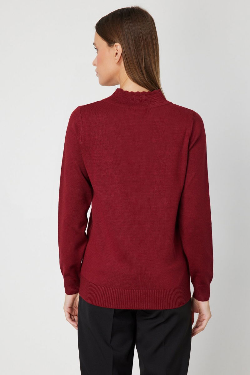 On Kadın V Yaka Çiçek İşlemeli Triko Kazak 65307 Bordo - 4