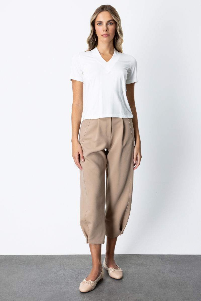 On Kadın V Yaka Dikişli Basic T-Shirt 61341 Ekru - 3