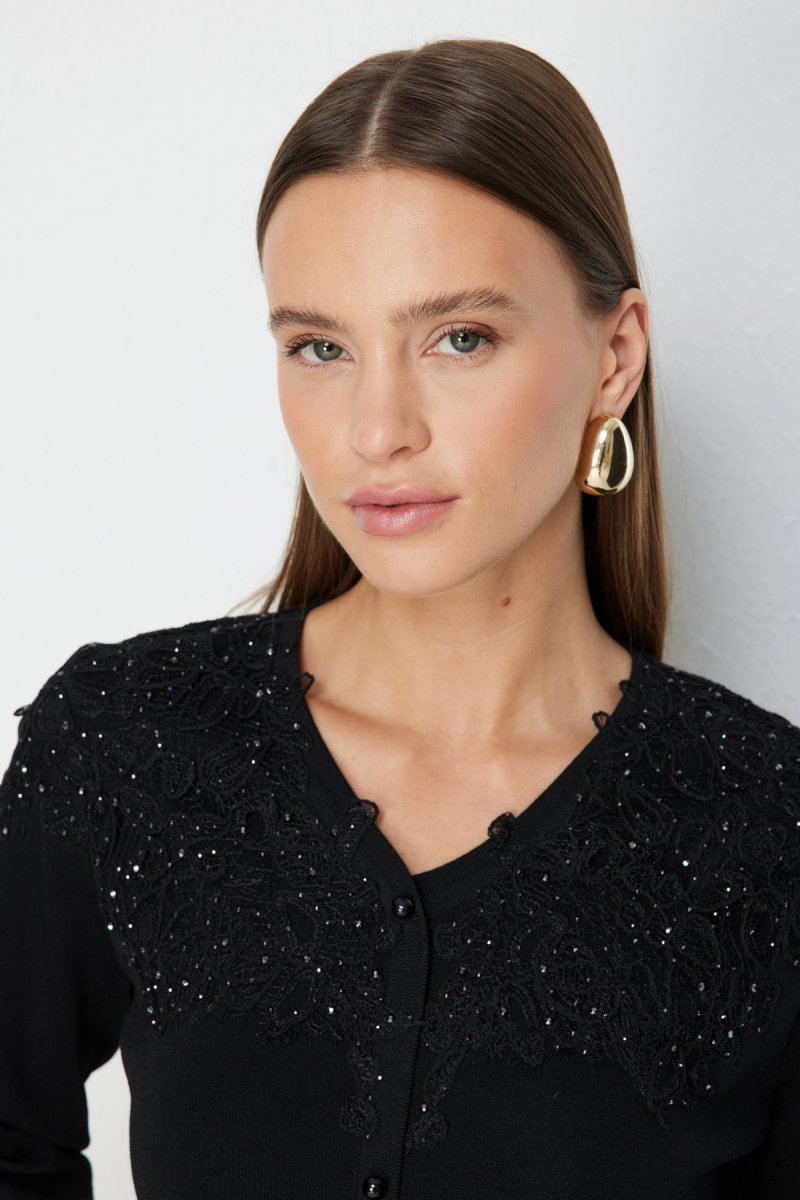 On Kadın V Yaka İşlemeli Triko Bluz 70513 Siyah - 3