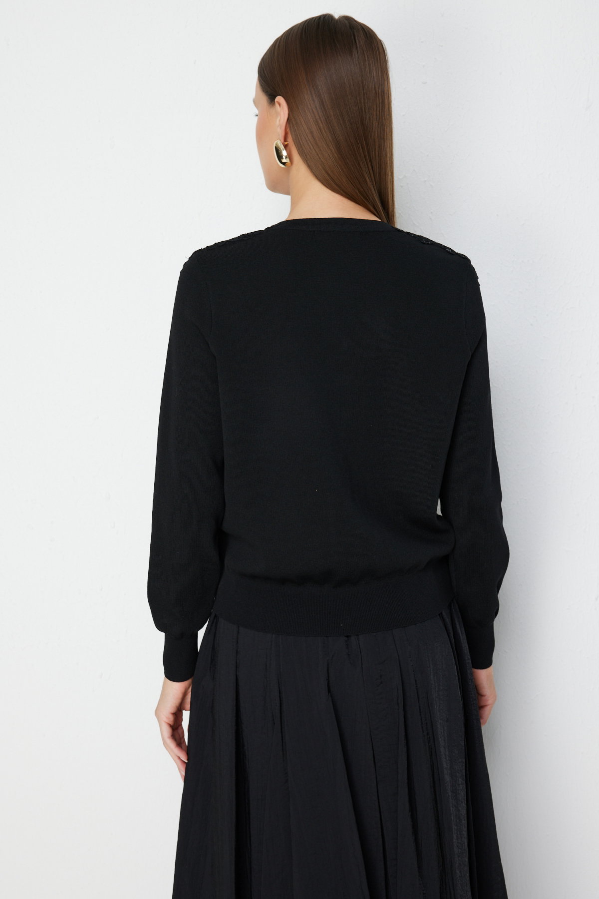 On Kadın V Yaka İşlemeli Triko Bluz 70513 Siyah - 5