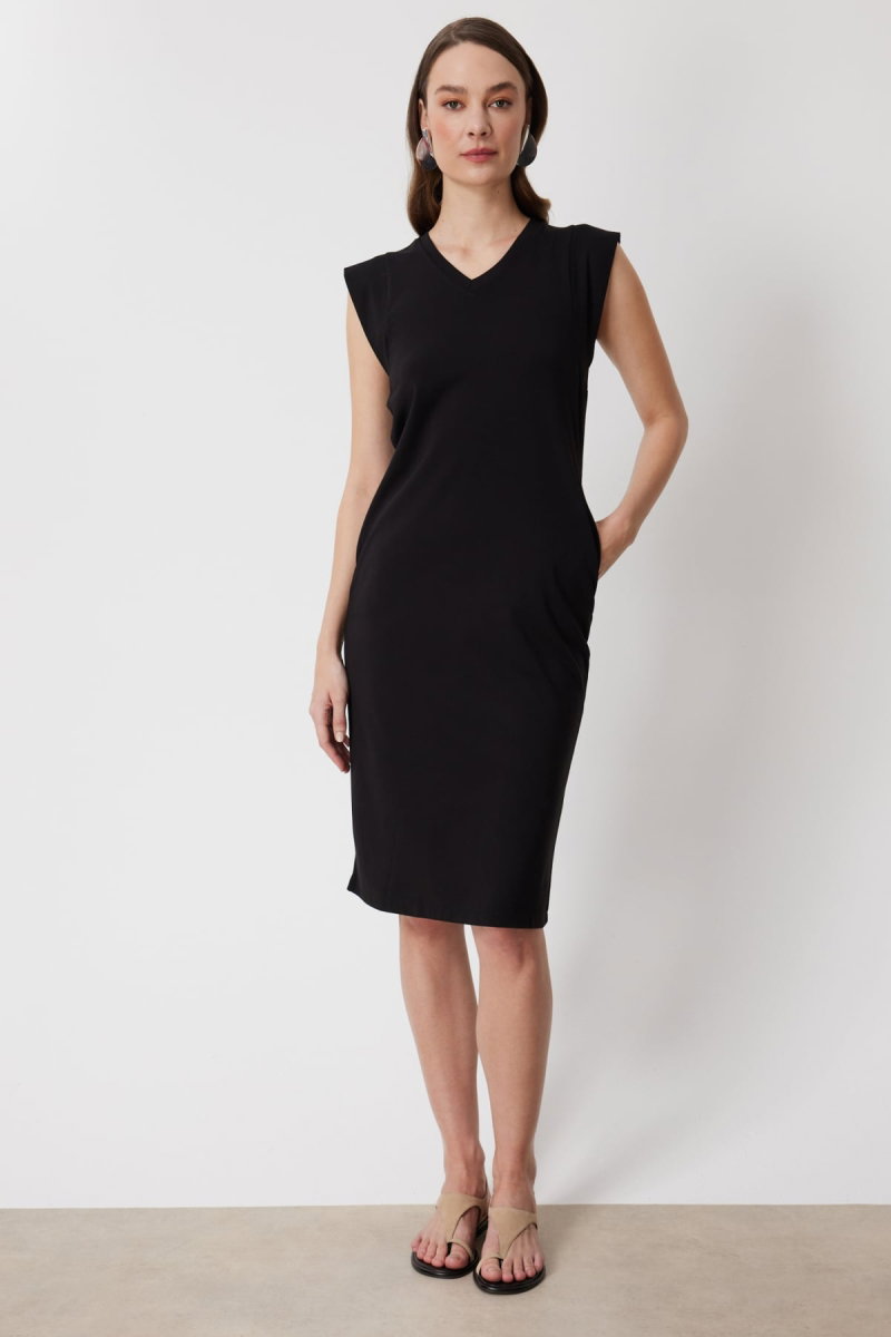 On Kadın V Yaka Kolsuz Midi Elbise 76484 Siyah - On