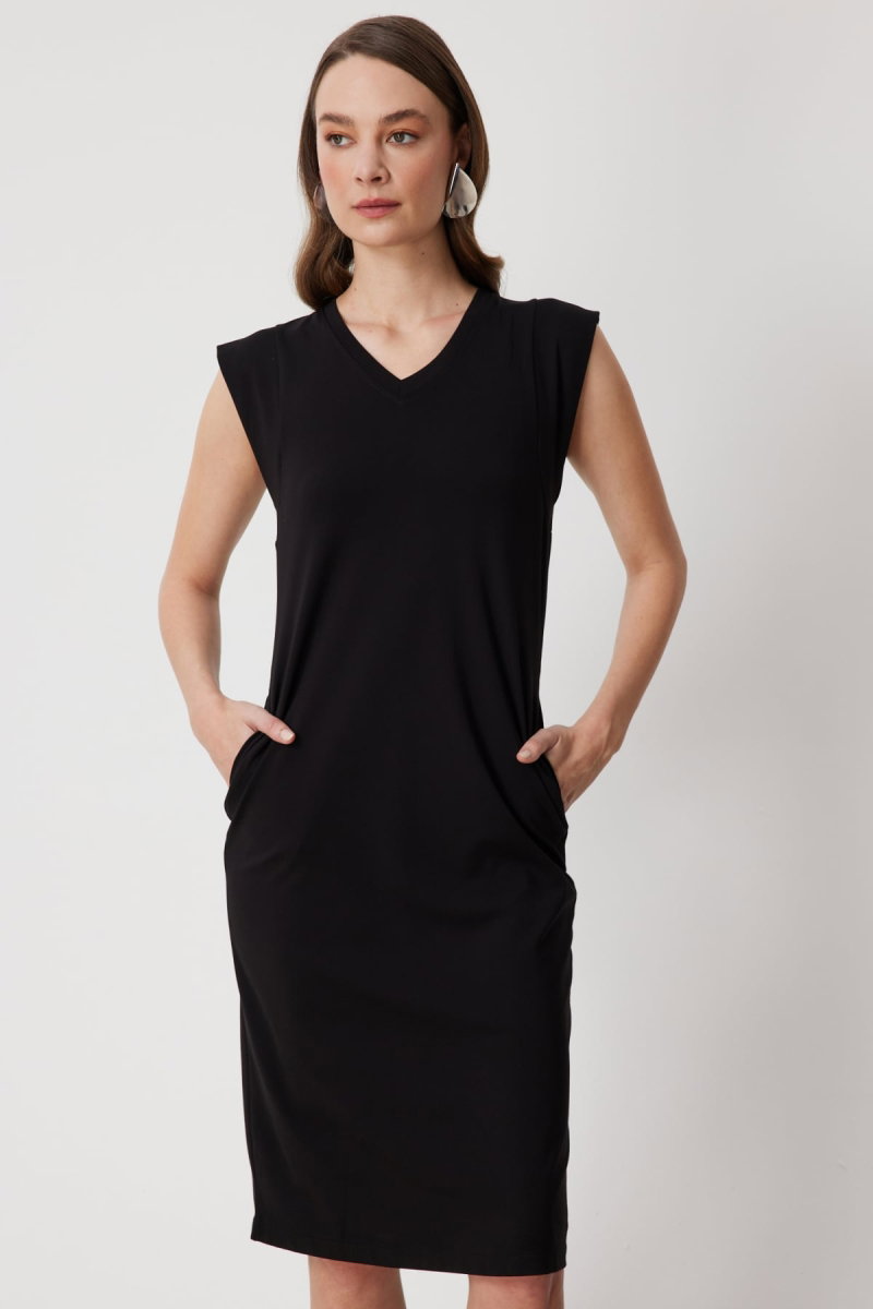 On Kadın V Yaka Kolsuz Midi Elbise 76484 Siyah - 2