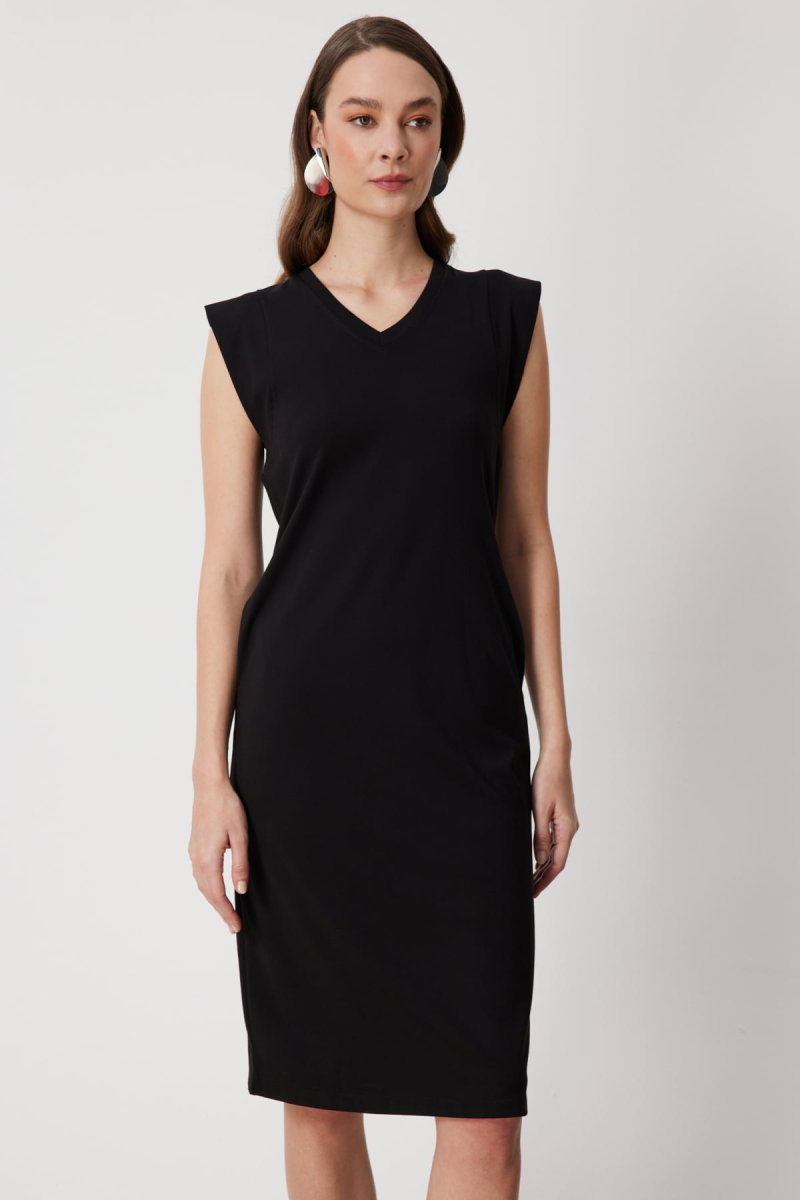 On Kadın V Yaka Kolsuz Midi Elbise 76484 Siyah - 3
