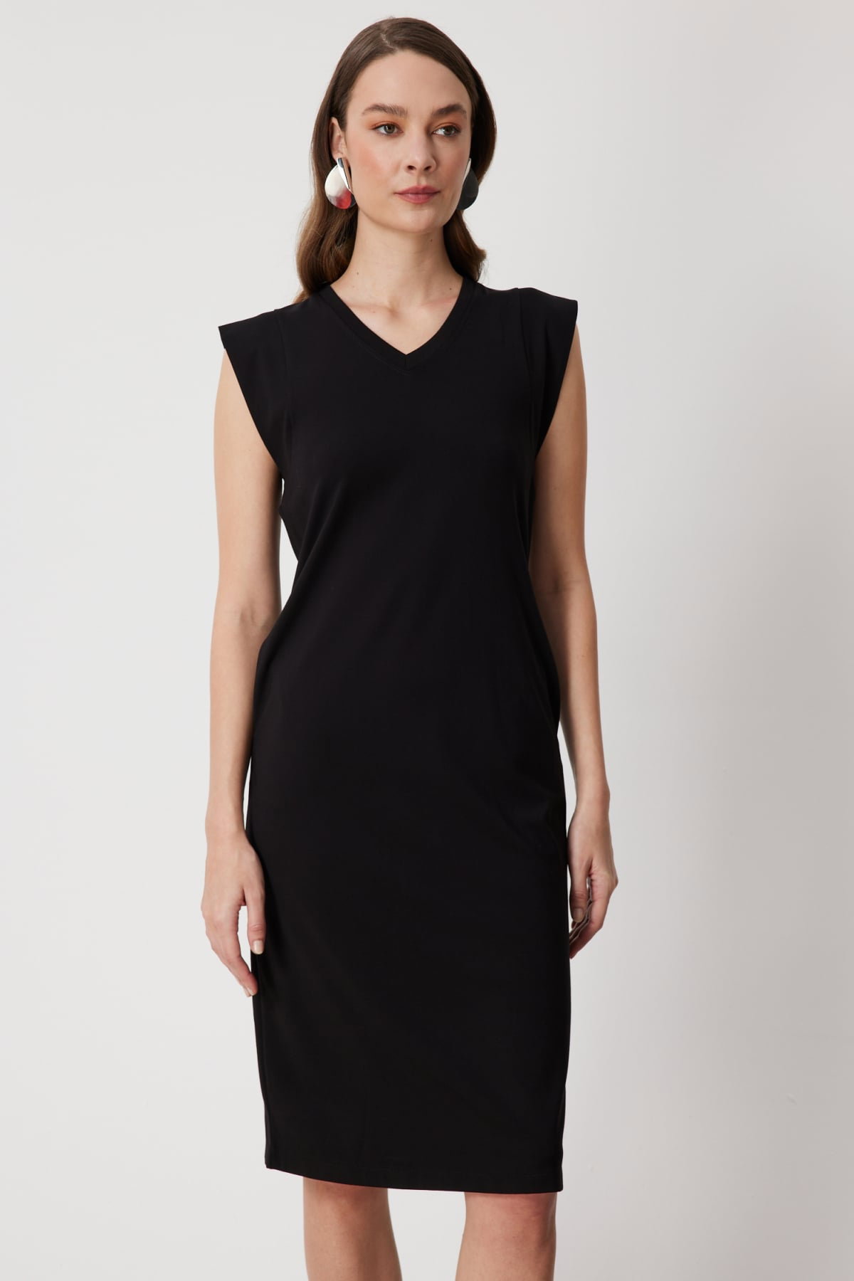 On Kadın V Yaka Kolsuz Midi Elbise 76484 Siyah - 3