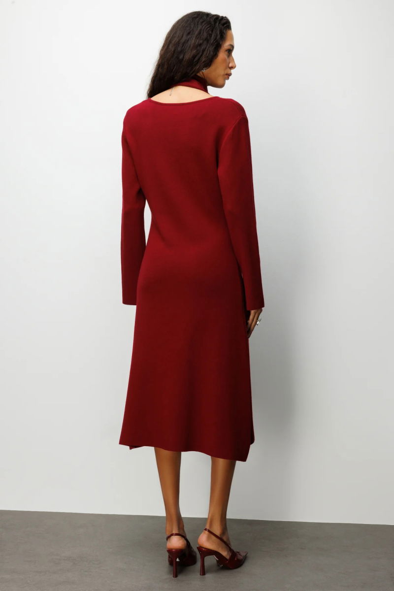 On Kadın V Yaka Kuşaklı Triko Elbise 63401 Bordo - 4