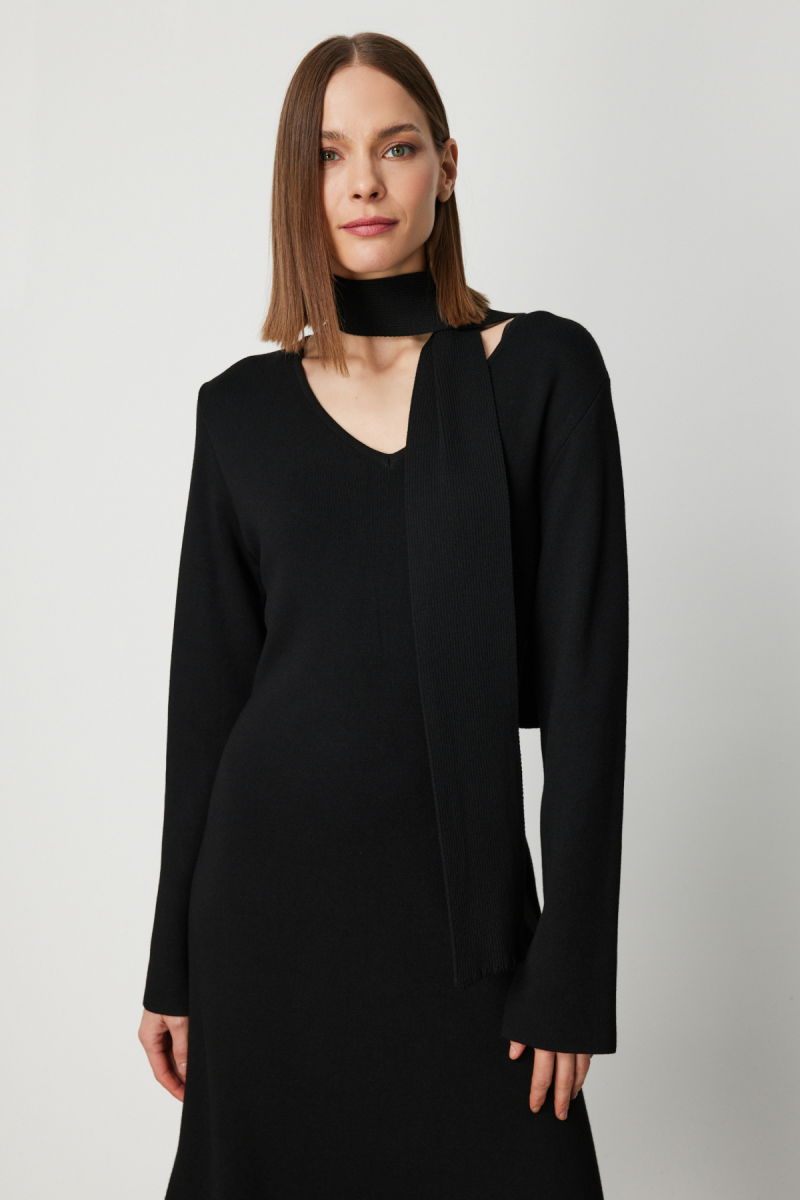 On Kadın V Yaka Kuşaklı Triko Elbise 63401 Siyah - 3