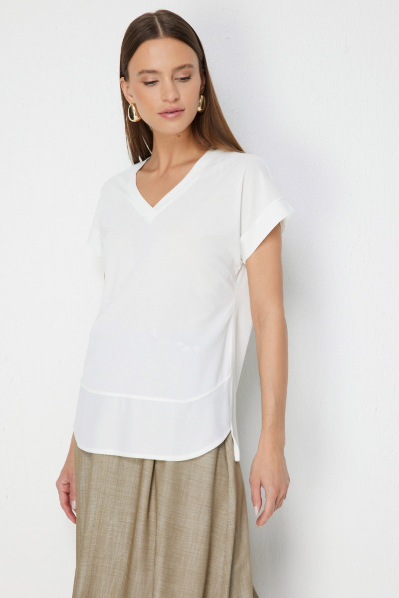 On Kadın V Yaka Parçalı T-Shirt 71475 Ekru - On