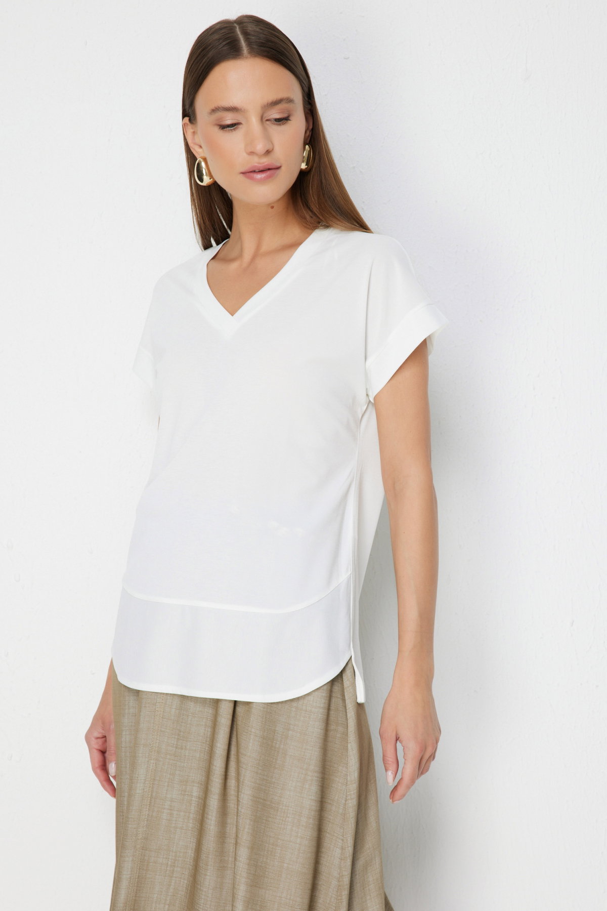 On Kadın V Yaka Parçalı T-Shirt 71475 Ekru - 1