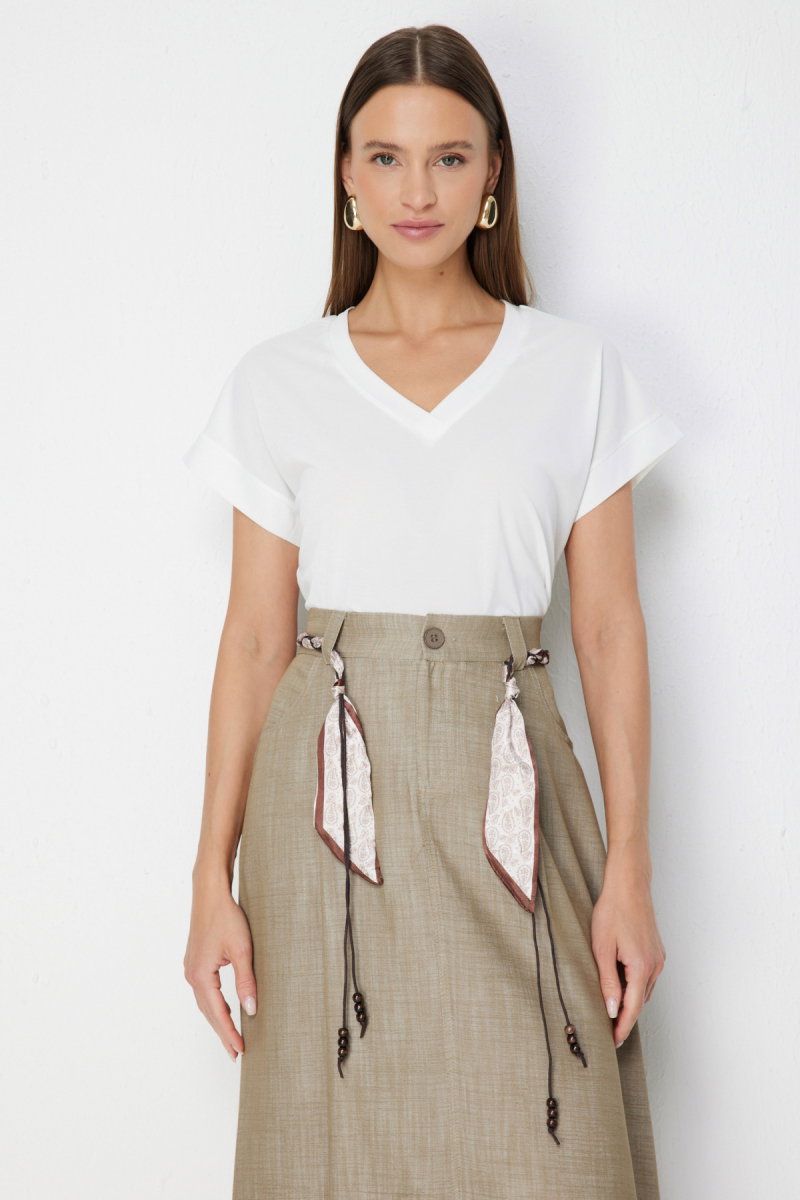 On Kadın V Yaka Parçalı T-Shirt 71475 Ekru - 2