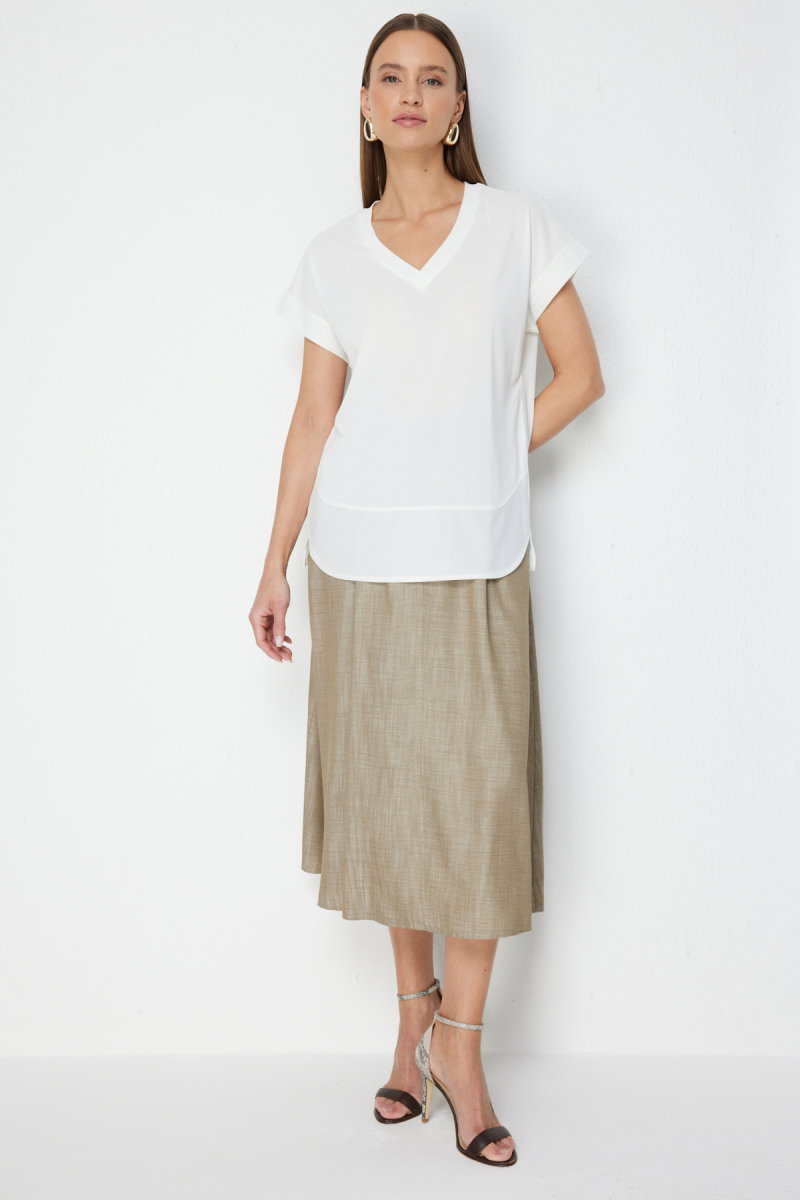 On Kadın V Yaka Parçalı T-Shirt 71475 Ekru - 3