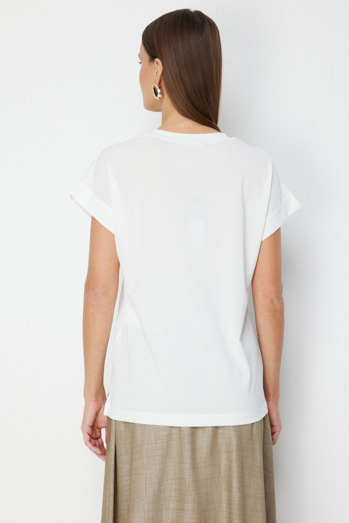 On Kadın V Yaka Parçalı T-Shirt 71475 Ekru - 4