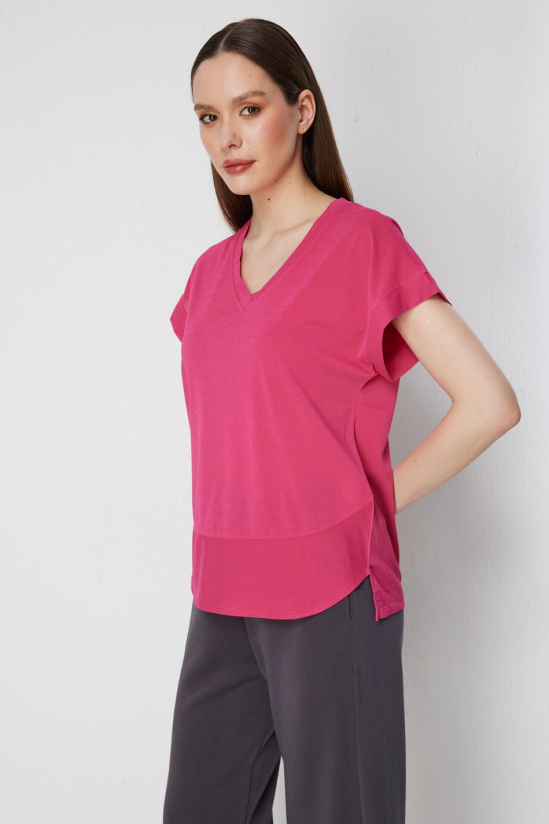 On Kadın V Yaka Parçalı T-Shirt 71475 Fuşya - 2