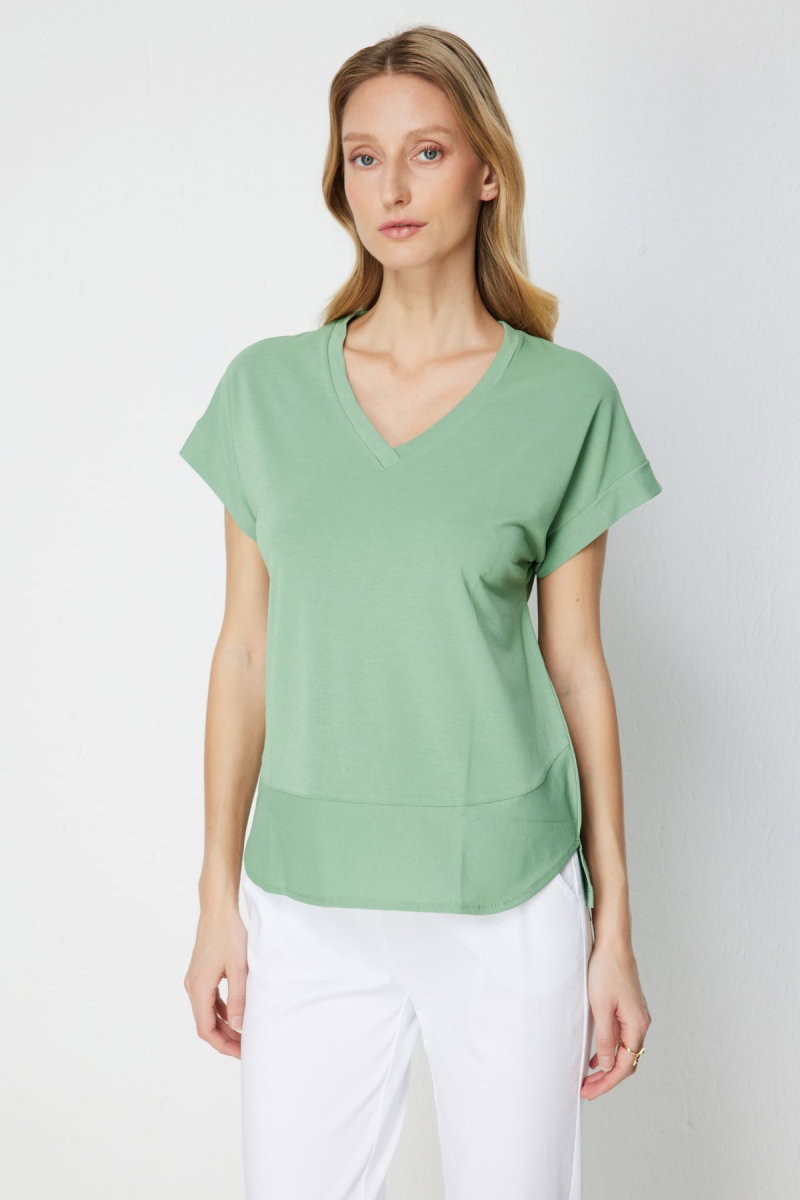 On Kadın V Yaka Parçalı T-Shirt 71475 Haki - 2