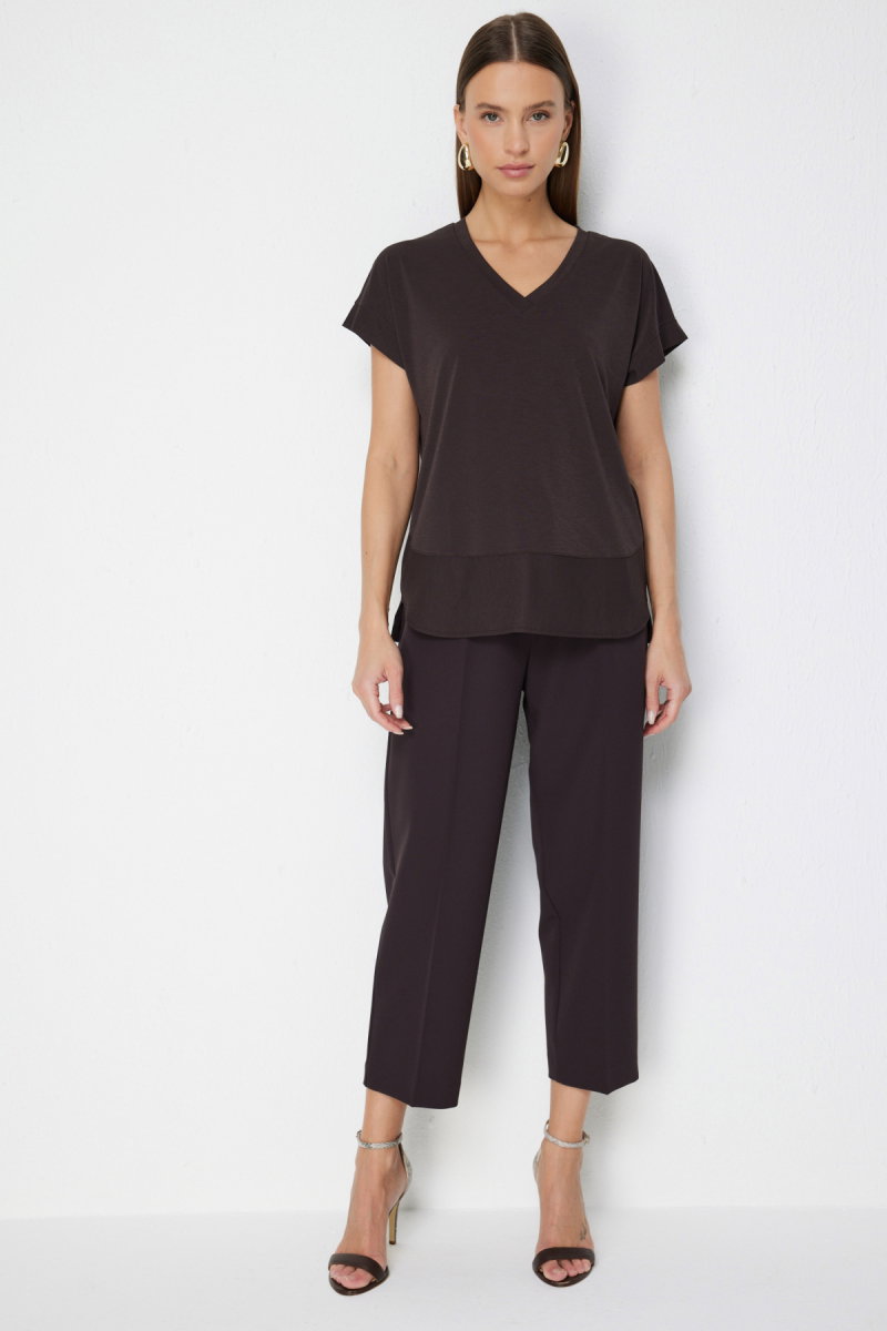 On Kadın V Yaka Parçalı T-Shirt 71475 Kahverengi - 4