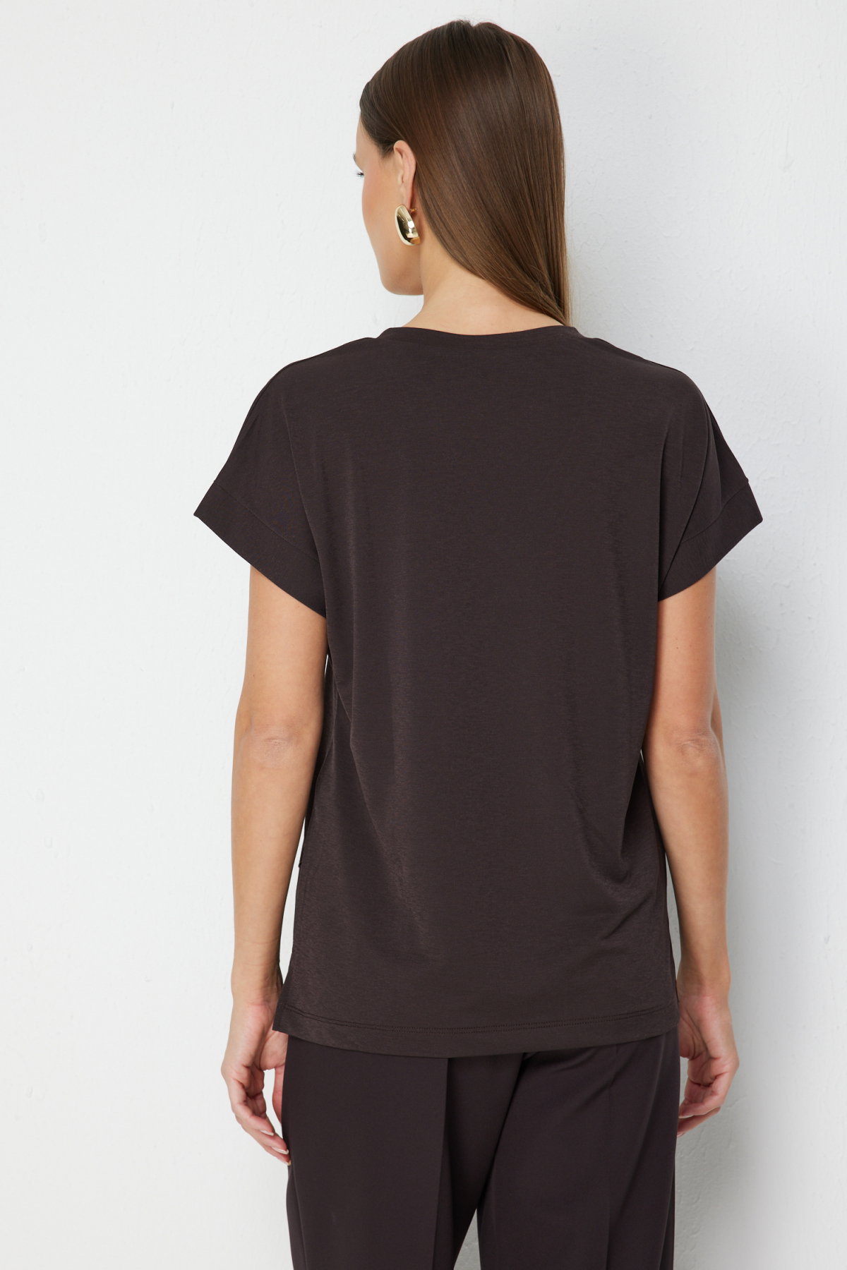 On Kadın V Yaka Parçalı T-Shirt 71475 Kahverengi - 5