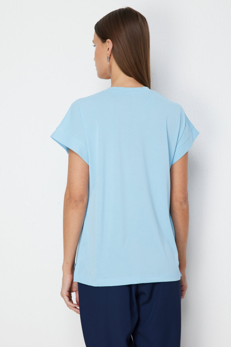 On Kadın V Yaka Parçalı T-Shirt 71475 Mavi - 4