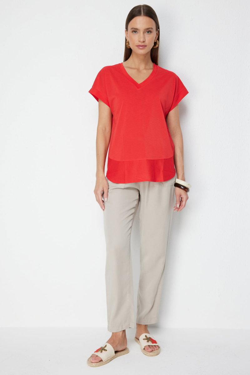On Kadın V Yaka Parçalı T-Shirt 71475 Mercan - 3