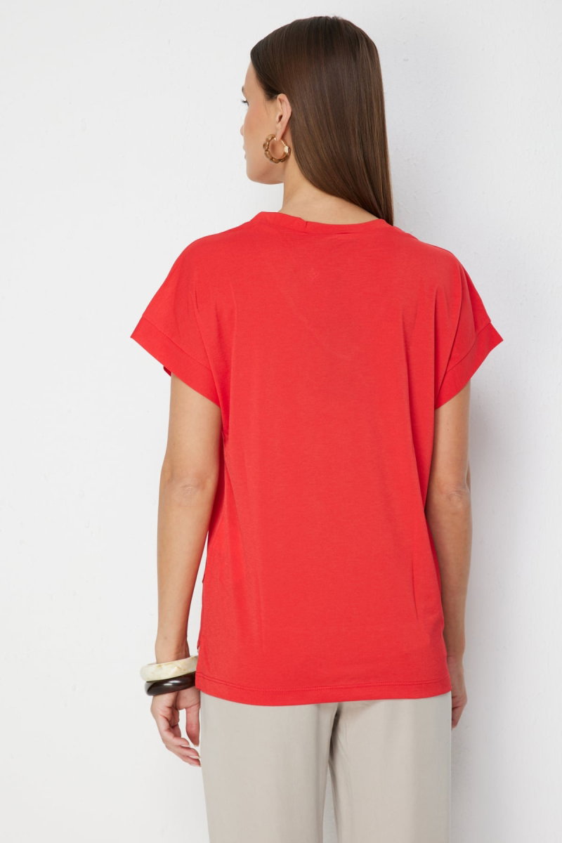 On Kadın V Yaka Parçalı T-Shirt 71475 Mercan - 4