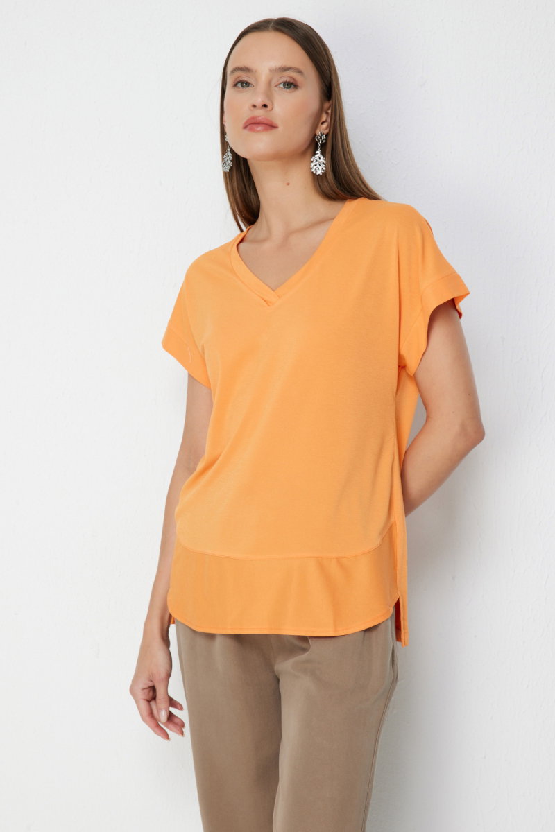 On Kadın V Yaka Parçalı T-Shirt 71475 Oranj - 2