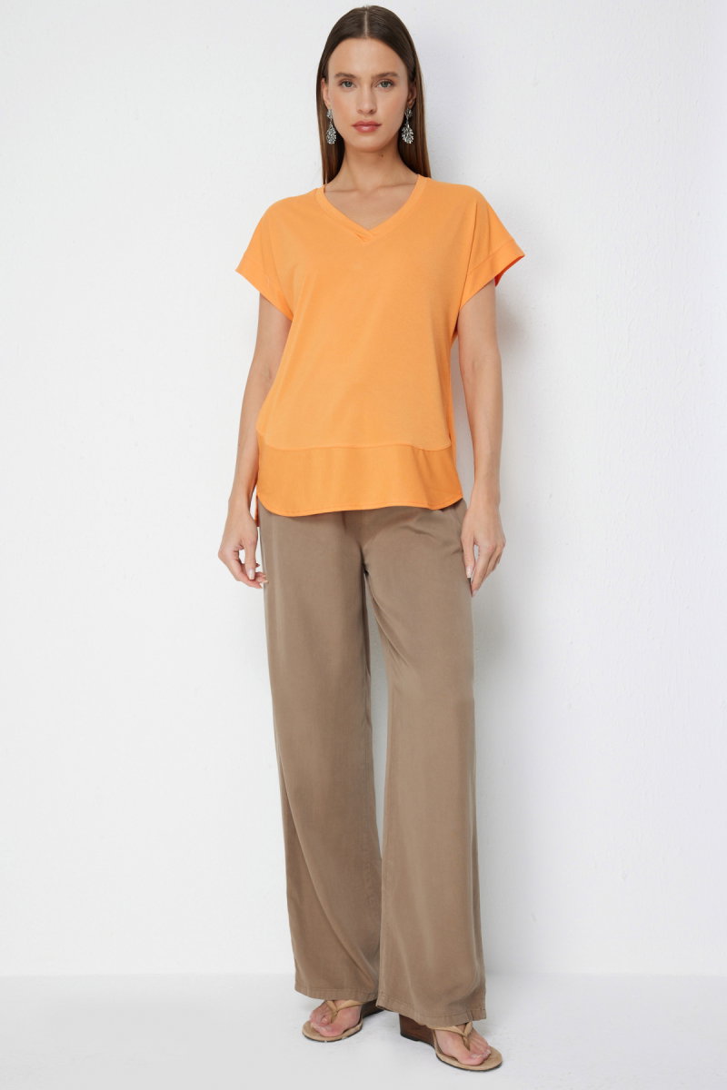 On Kadın V Yaka Parçalı T-Shirt 71475 Oranj - 3