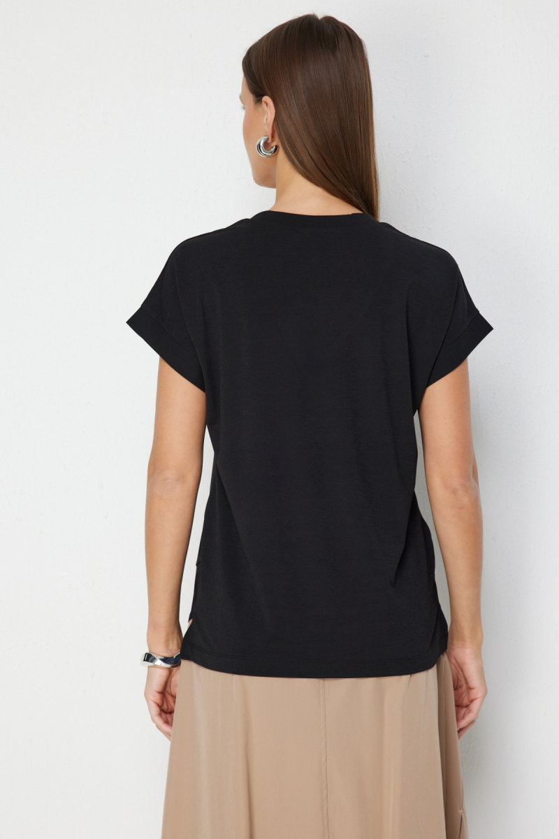 On Kadın V Yaka Parçalı T-Shirt 71475 Siyah - 4