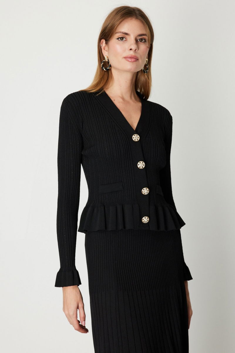 On Kadın V Yaka Süs Düğmeli Triko Hırka 69905 Siyah - On