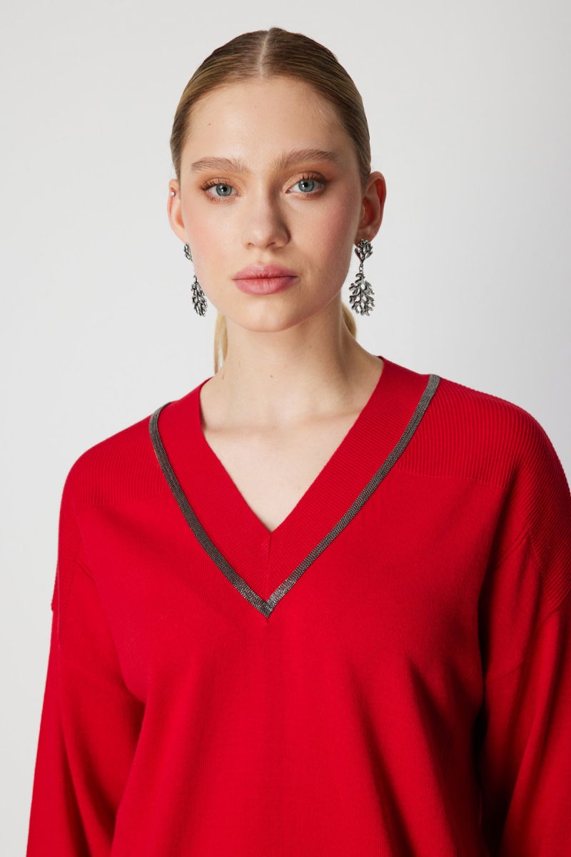 On Kadın V Yaka Taşlı Triko Kazak 65311 Kırmızı - 2